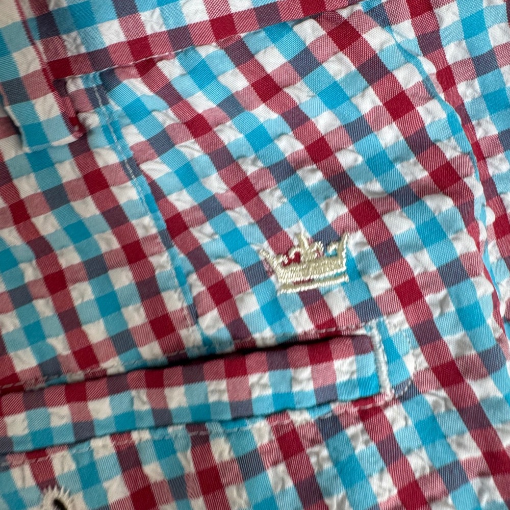 Peter Millar Featherweight Gingham Seersucker Shorts Mens 42 Red Blue White - Picture 4 of 8
